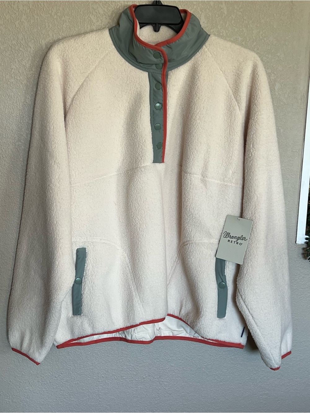 Wrangler Cream Teddy Fleece Jacket with Gray and Coral Trim